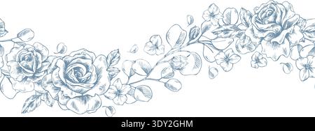 Beautiful roses with eucalyptus leaves and branches. Hand-drawn graphic illustration in ink line art style. Wave border seamless pattern for holiday Stock Vector