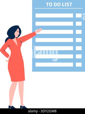 Woman show task in to do list. Job organization icon Stock Vector