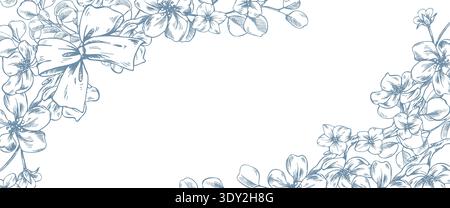 Apple tree branches with flowers decorated with a bow. Hand-drawn graphic illustration in ink line art style. Horizontal rectangular frame template Stock Vector