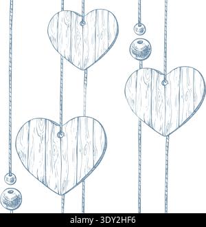 Wooden hearts and beads hanging on strings. A hand-drawn graphic illustration in ink line art style. A minimalist seamless pattern for holiday and Stock Vector
