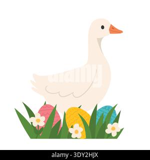 goose in the grass with daisies and easter eggs, cute spring easter meadow scene- Vector Illustration Stock Vector