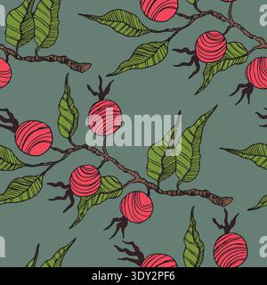 Seamless pattern with Rose hip, cranberry. Natural fresh ripe tasty blueberries. Vector illustration for background, packaging, textile, fabric and Stock Vector