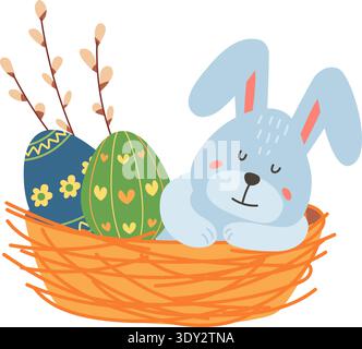 Easter basket with bunny and eggs. Sleeping rabbit mascot Stock Vector