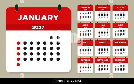 Monthly calendar template for 2027 year. Week starts on sunday. Calendar 2027. Vector template featuring minimal dotted grid layout for all 12 months. Stock Vector