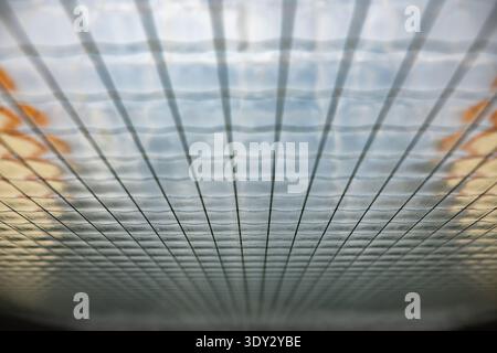 Wired obscure glass ceiling showing grid pattern and abstract reflections indoors Stock Photo