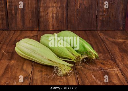 Three fresh corn cobs with green husks lying on a rustic wooden table Stock Photo