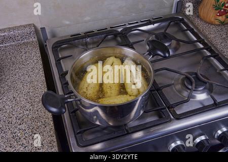 Preparing fresh corn cobs in boiling water on a kitchen stove Stock Photo