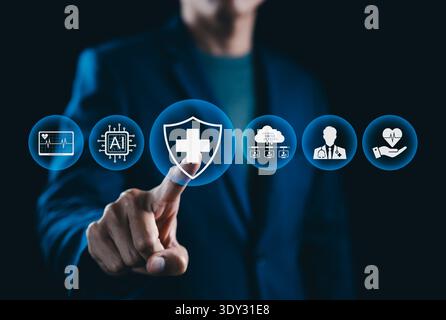AI driven healthcare and medical technology concept. Businessman touches digital shield with medical cross icon representing healthcare protection, AI Stock Photo