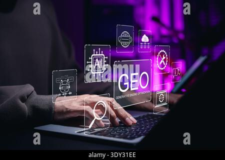 GEO Generative Engine Optimization Concept. Professional using laptop with AI icons represents advanced SEO tech, AI search, website strategy, answer Stock Photo
