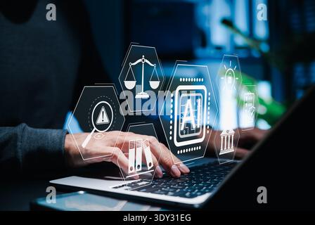 Artificial intelligence regulation and ethics concept. AI law ethics, Person using laptop with interface showing AI chip, legal compliance, scale, Stock Photo