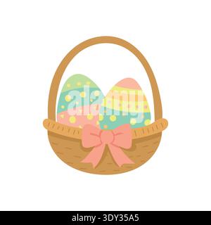 Easter basket with colorful decorated eggs and ribbon bow, festive spring illustration perfect for holiday greeting cards, seasonal decorations and Stock Vector