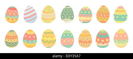Set of colorful patterned Easter eggs in soft pastel palette, decorative spring illustration ideal for holiday invitations, greeting cards and Stock Vector