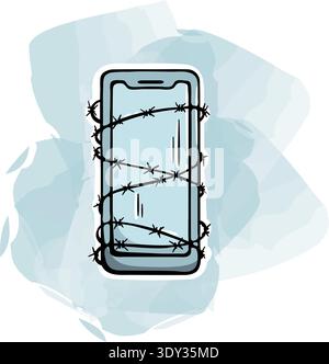 Social media toxicity and dangerous internet connection icon. Smartphone wrapped in barbed wire. Hand drawn doodle style with watercolor splash. Stock Vector
