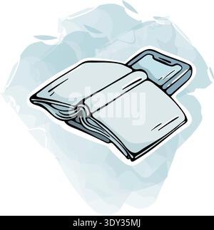 Book vs phone and offline reading icon. Smartphone covered by an open book. Hand drawn doodle style with watercolor splash. Stock Vector