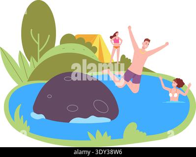 People swim in lake. Summer outdoor activity scene isolated on white background Stock Vector