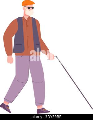 Blind old man walking with cane stick aid isolated on white background Stock Vector