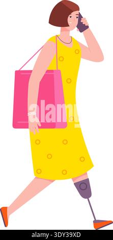 Casual woman with prosthetic leg walk outdoor color icon isolated on white background Stock Vector