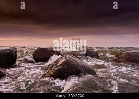 Powerful waves crash against large, dark rocks along a rugged coastline under a moody twilight sky, creating a dynamic and raw nature scene with white Stock Photo