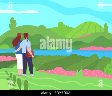 Couple travel outdoor together and enjoy beautiful landscape. Vector illustration Stock Vector