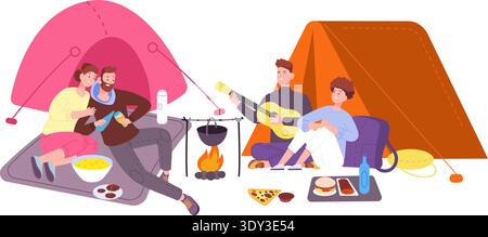 Camping tents with happy people enjoying nature leisure time isolated on white background Stock Vector