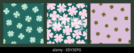 Simple four leaf clover seamless pattern set in green, pink and violet colors for St. Patrick's Day designs and baby shower invitation backgrounds Stock Vector