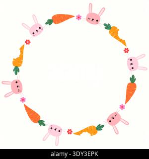 Cute round border with pink winking bunnies and carrots, fun children border for healthy eating or Easter designs Stock Vector