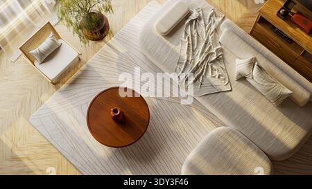 Beige Japandi interior flat lay showing wooden table, cozy neutral sofa, and natural textures arranged in harmonious minimal balance with soft lightin Stock Photo