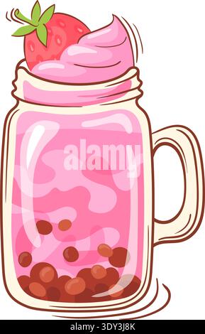 Strawberry bubble tea in glass jar color icon isolated on white background Stock Vector