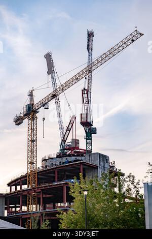 Cranes constructing a modern building in urban development, reaching for the sky Stock Photo