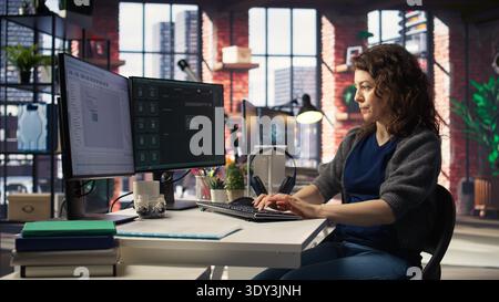 Freelancer uses AI chatbot system to find a solution for task completion, meeting deadlines using prompts and generative models. Smart algorithms and machine learning. Camera A. Stock Photo