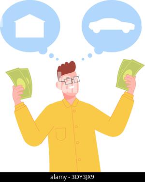 Man choose buy car or house. Money spending concept isolated on white background Stock Vector