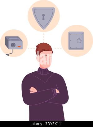 Cyber security job. Man protect information color character isolated on white background Stock Vector