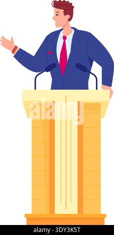 Public speaking man. Speaker tribune cartoon icon isolated on white background Stock Vector