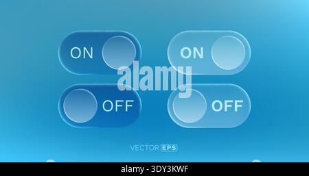 Glass ON and OFF toggle switches in vibrant blue. Modern UI elements with glossy transparency. Vector illustration. Stock Vector
