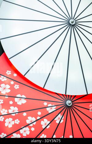 Traditional Japanese wagasa umbrellas displaying white and red cherry blossom patterns Stock Photo
