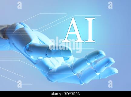 Robot hand holding virtual AI sign against grey gradient background. Artificial intelligence concept Stock Photo