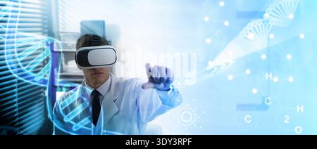 Scientist using VR headset, double exposure with virtual elements. Future technology in biochemistry Stock Photo