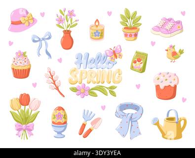 Hello Spring big collection set with seasonal elements. Cartoon vector isolated illustration on white background Stock Vector