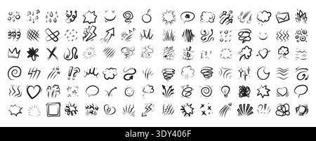 Set bundle Line cartoon comic expression icons. Doodle movement marks bubbles, boom spark shapes, arrows, hearts sweat drops shock bursts. Vector crayon style for anime emotion stickers graphic design Stock Vector