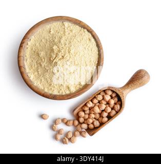 Chickpeas flour in wooden bowl isolated on white background, top view. Clipping path included Stock Photo