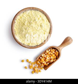 Corn flour in wooden bowl isolated on white background, top view. Clipping path included Stock Photo