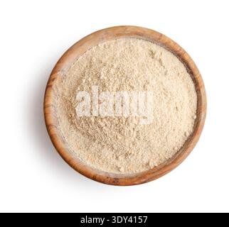 Amaranth flour in wooden bowl isolated on white background, top view. Clipping path included Stock Photo