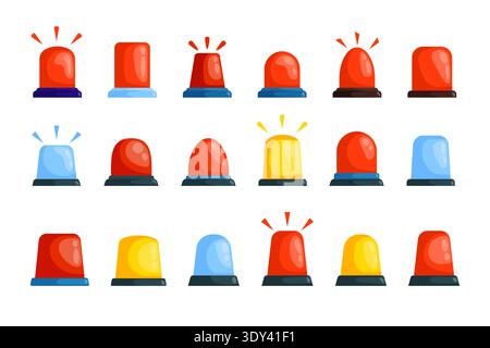 Set of emergency siren alarm light icons in red, blue and yellow with flashing rays, flat cartoon vector style for police, ambulance, warning, securit Stock Vector