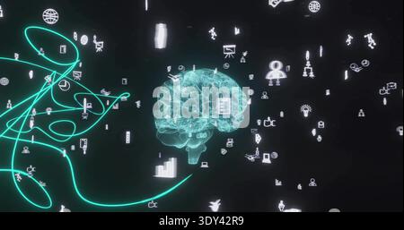 Cyan mesh brain receiving neon-green ribbon, linking floating icons and showing AI connections Stock Photo