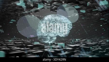 Floating holographic wireframe brain pulsing above virtual grid plane, with tiles and data nodes Stock Photo