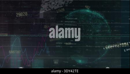 Displaying teal particle globe glowing over night city, magenta-blue charts, numbers, copy space Stock Photo