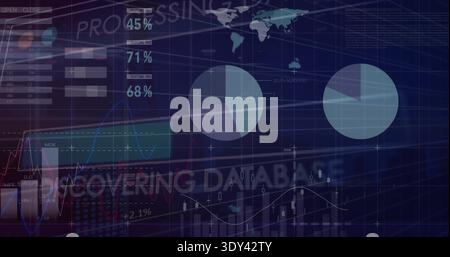 Displaying data dashboard on dark blue grid, showing two pie charts, world map, percentages Stock Photo