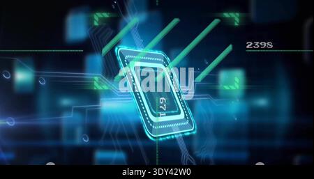 Pulsing microchip 671 drawing green arrows and emitting traces in HUD, floating nodes, readout 2398 Stock Photo