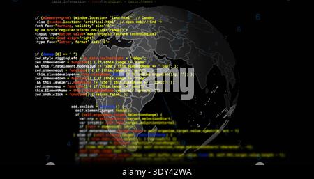 Rotating semi-transparent 3D globe showing code in dark digital scene, southern Africa heatmap Stock Photo