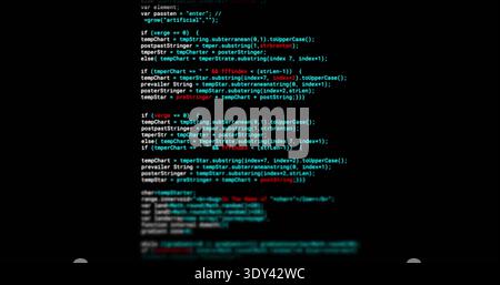 Displaying centered column of syntax-highlighted code in code editor on home office, with monitor Stock Photo